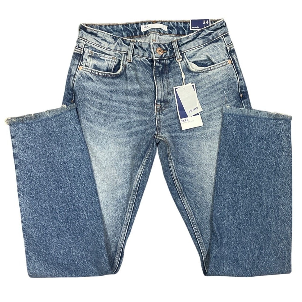 Zara Womens Relaxed Jeans Z1975 Acid Wash Raw Hem Size 2 Blue Straight Leg Denim
